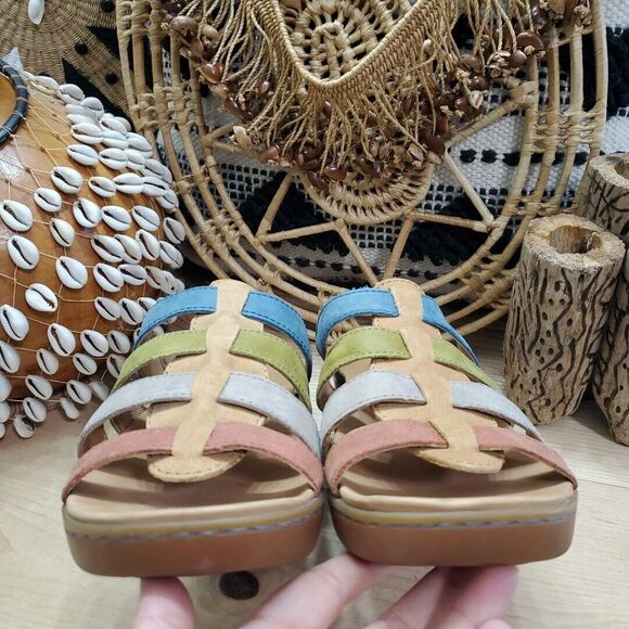 EUC Born Womens 8M Lynae Slip On Sandals Strappy Leather Sand Multi Comfort - Picture 3 of 14